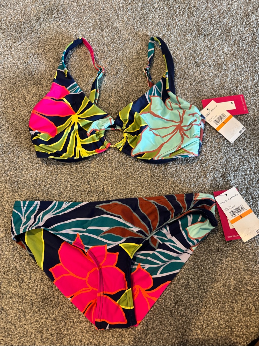 Vince Camuto Neon Pink & Teal Tropical Print Bikini Set